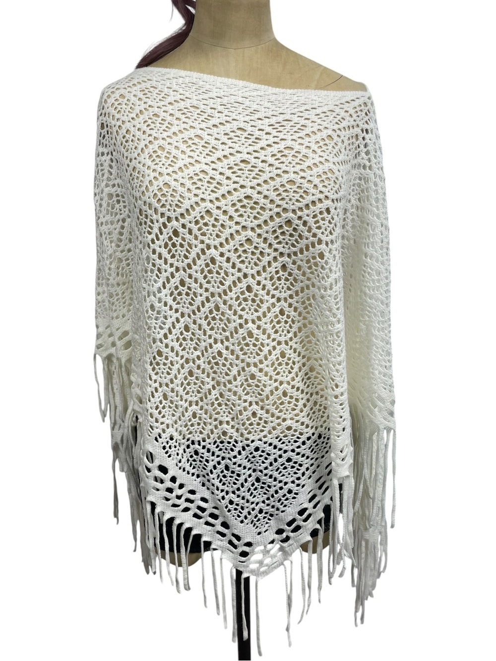 White Open Knit Poncho Crochet Boho Cape Fringe One Size Soft Cottage Whimsy - Picture 10 of 12